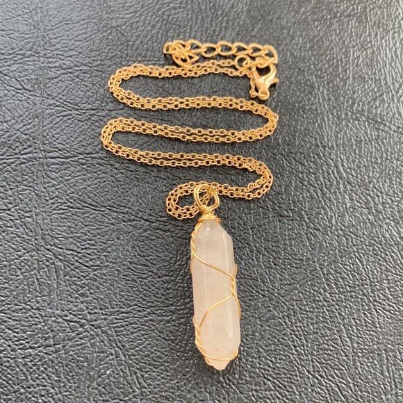 White Pink Hexagon Stone Pendant Necklace on Gold Tone Chain – Calm Energy - Picture 3 of 7